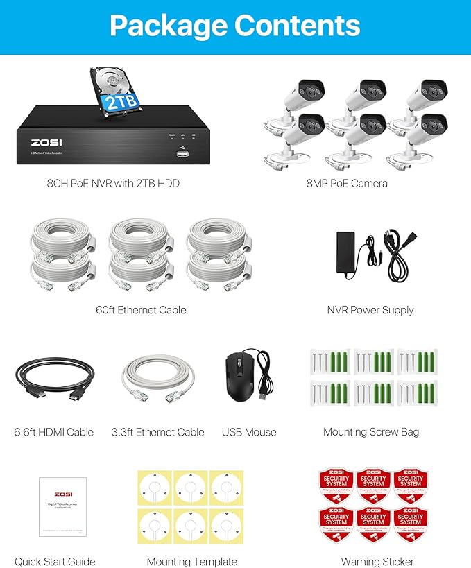 ZOSI 4K Security Camera System,6pcs 4K Outdoor Indoor PoE Cameras,8 Ports 16CH 8MP NVR with 2TB HDD,Person Vehicle Detection,2 Way Audio,Spotlight Siren, Color Night Vision,for Home 24/7 Recording