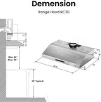 Under Cabinet Range Hood 30 Inch,Range Hood 900-CFM,1.5 Sones Quiet Dual Turbine Motor,Stainless Steel Vent Hood with 3 Speed Exhaust Fan,Safe Baffle Filters for Kitchen Stove