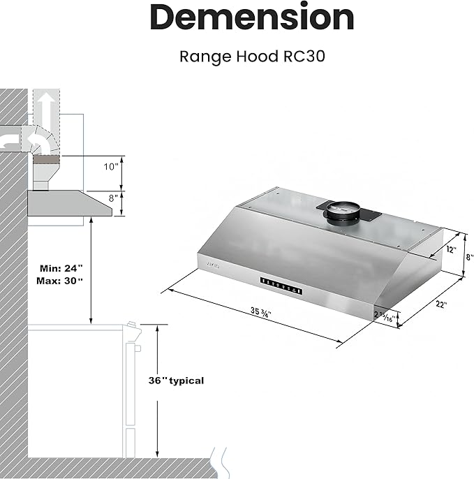 Range hood 36 inch,Stove Hood with Dual Motor 900 CFM,Vent Hood with 1.5 Sones Whisper-Quiet,Kitchen Exhaust Range Hood for Large Kitchen,GU10 LED Lights & Full-Sealed Cavity