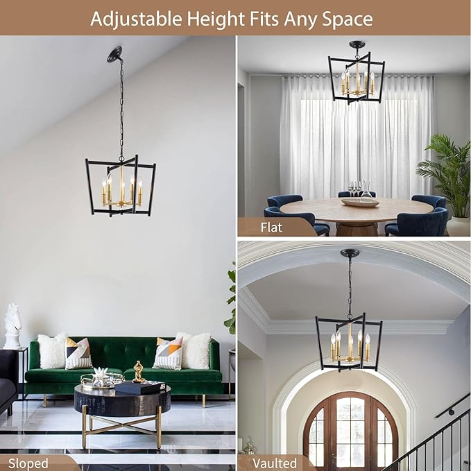 Black Gold Chandelier Light Fixture, Geometric Modern Farmhouse Pendant Light for Dining Living Room Entryway Kitchen Island Bedroom Chandelier, 5 Lights Metal Hanging Ceiling Light, 20 Inch