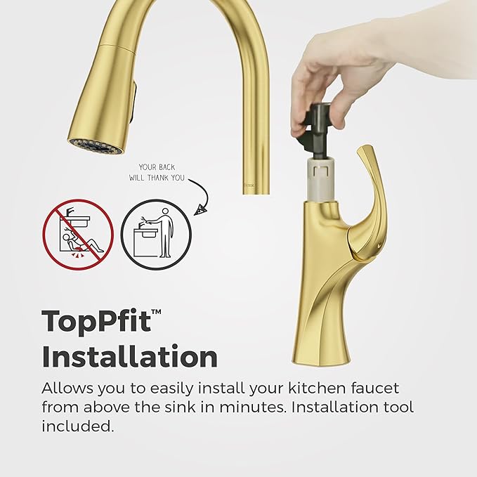 Pfister Miri 2.0 Kitchen Faucet with Pull Down Sprayer and Soap Dispenser, Single Handle, High Arc, NSF Certified, Brushed Gold Finish, F5297MRRBG