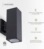 ASD 2 Light Square Outdoor Wall Light Fixture | 120W E26 Bulb Socket 120V ETL Cylinder Up Down Lights | LED/CFL/Incandescent Exterior Bulb Wall Sconce | Front Door, Porch, Patio | Black