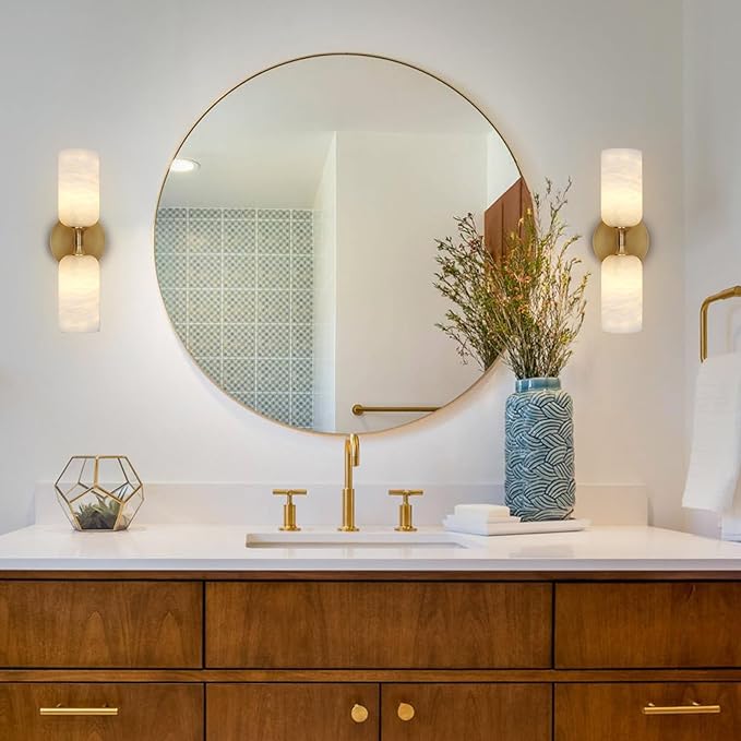 Alabaster Wall Sconces Set of Two, 14in Modern Spanish Natural Marble Bathroom Vanity Sconces, Brass Alabaster Sconce Wall Lighting, Gold Wall Light Fixtures Decor for Bedroom Living Room Staircases