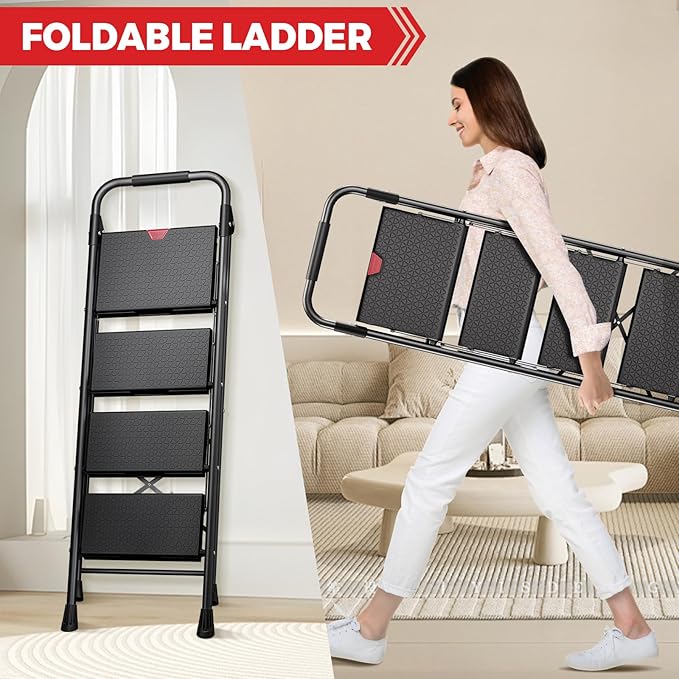 KINGRACK 4 Step Ladder,Folding Step Stool with Handrail, Anti-Slip Wide Pedals, Safe-Lock Design, Pass 800lbs Load Testing, Foldablel Step Stool for Home, Kitchen, Black