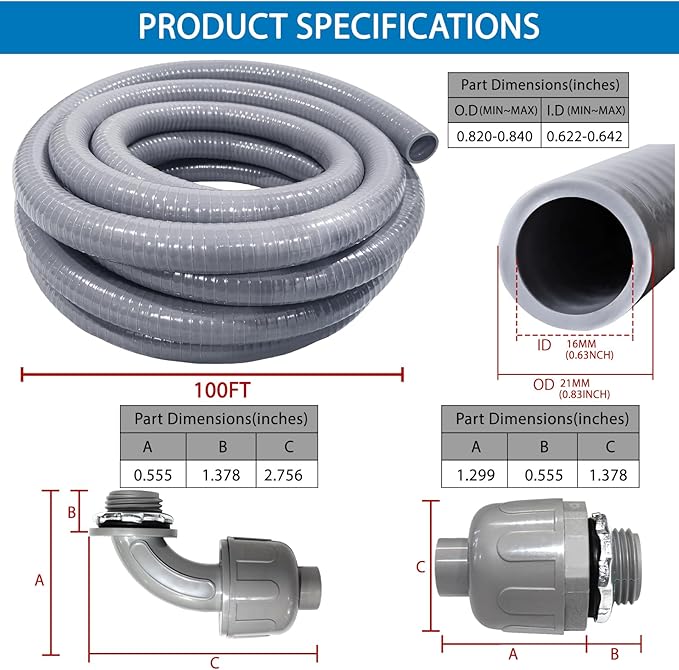 1/2inch 100ft Liquid-Tight Conduit and Connector Kit,Flexible Non-Metallic Liquid Tight Electrical Conduit Kit with 5 Straight and 3 90-Degree Conduit Connector Fittings,(1/2" Dia, 100 Feet)