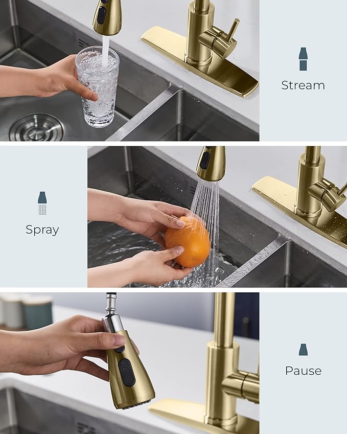 FORIOUS Gold Kitchen Faucet with Soap Dispenser, Single Handle Stainless Steel Transitional Sink Faucet with Pull Down Sprayer 1 or 3 Hole, Suitable for Farmhouse Laundry Camper RV Bar