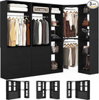 Corner Closet System with 6 Drawers, Closet Organizer System with 14 Shelves & 4 Hanging Rods, 87.2"L * 39.2"W / 63.2"L * 63.2"W Reversible L Shaped Walk-in Closets, Load 2500+LBS, Black