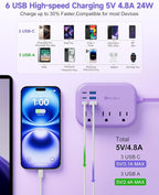 6 USB(3 USB C) Purple Travel Power Strip- 5Ft Purple Extension Cord with USB Charging Station 24W and 3 Outlets, Pink Desk Accessories for Cruise Travel Cute Kawaii Lavender Home Office Dorm Room