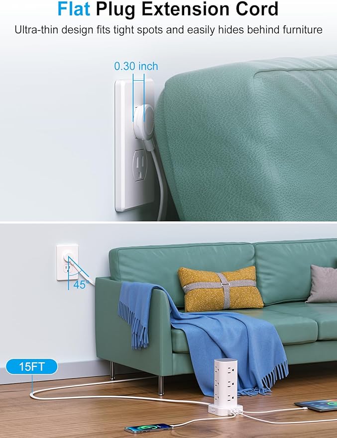 Power Strip Tower with Wireless Charger, Flat Plug Surge Protector Tower with 15FT Extension Cord, 12 AC Multiple Outlets, 4 USB (2 USB C),15W Wireless Charging Power Tower for Home Office Dorm,White