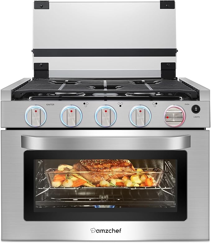 AMZCHEF RV Gas Range 17 Inches Tall, 1.24 Cu.Ft Propane Range Oven with 3 Burners Stove for RV, Apartment, Mobile Home, Stainless Steel.