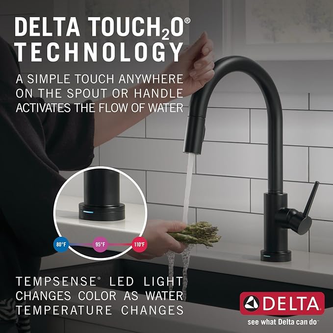 Delta Trinsic Matte Black Touch Kitchen Faucet with Pull Down Sprayer, Modern Single Hole Touch On Kitchen Sink Faucet, Single Handle, Matte Black 9159T-BL-DST