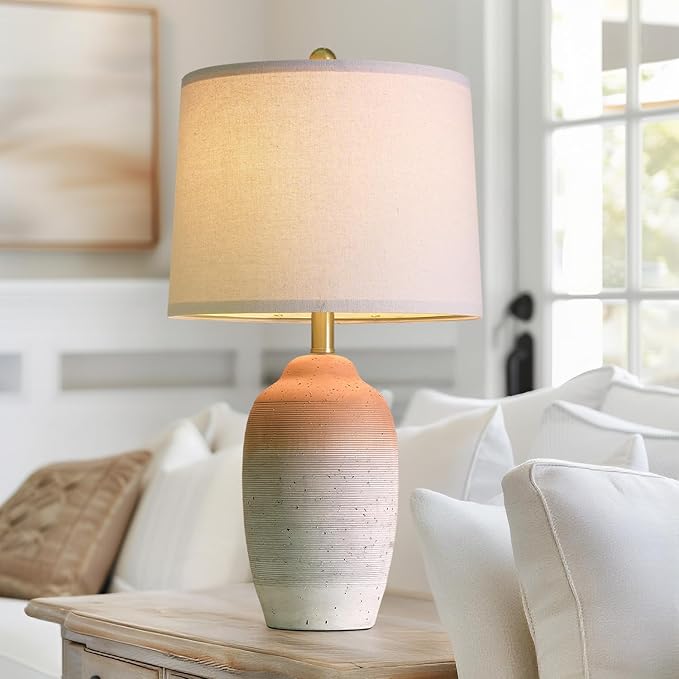 24.5" Vintage Ceramic Table Lamp - Single Farmhouse Rustic Bedside Lamp with Natural Textured Finish, Nightstand Lamps for Living Room, Bedroom, End Table, Office White and Brown