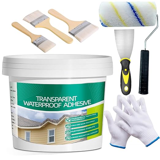 5Kg/202Fl.oz Transparent Waterproof Coating Invisible Waterproof Agent Set with Indoor&Outdoor Insulating Sealant with Wooden Brush Putty Knife Cut Resistant Work Gloves Paint Roller(6L/1.58Gal)