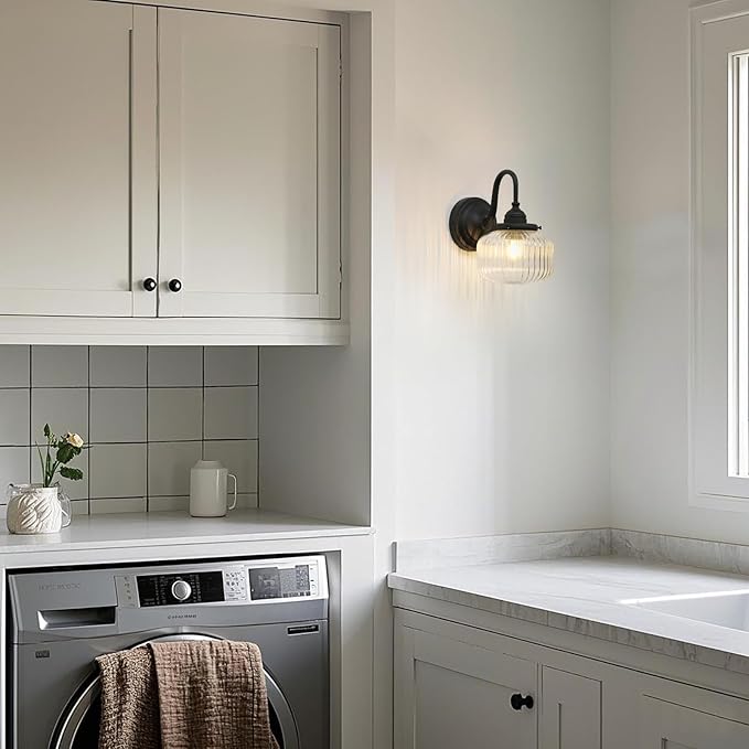 Vintage Gooseneck Wall Sconce 1-Light with Clear Striped Glass Globe Shade Indoor Hardwired Wall Mounted Lamp Fixture