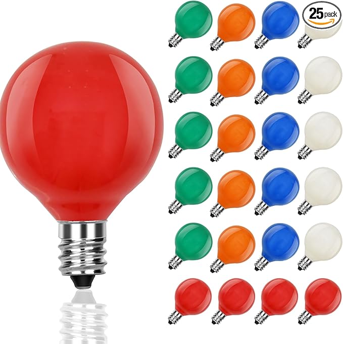 Multicolor G40 Christmas Replacement Light Bulbs, 25 Pack G40 5W Incandescent Bulbs, C7/E12 Candelabra Base for Chandelier, Ceiling Fan Light, Decorative Vanity Lights