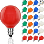 Multicolor G40 Christmas Replacement Light Bulbs, 25 Pack G40 5W Incandescent Bulbs, C7/E12 Candelabra Base for Chandelier, Ceiling Fan Light, Decorative Vanity Lights