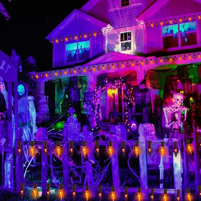 27.78 FT Halloween Ligths, C7 Clear Orange and Purple Flickering Flame String Lights Outdoor, E12 Screw Base, Flame String Lights for Fall Decor Halloween Decorations Outdoor Indoor Home Patio Party