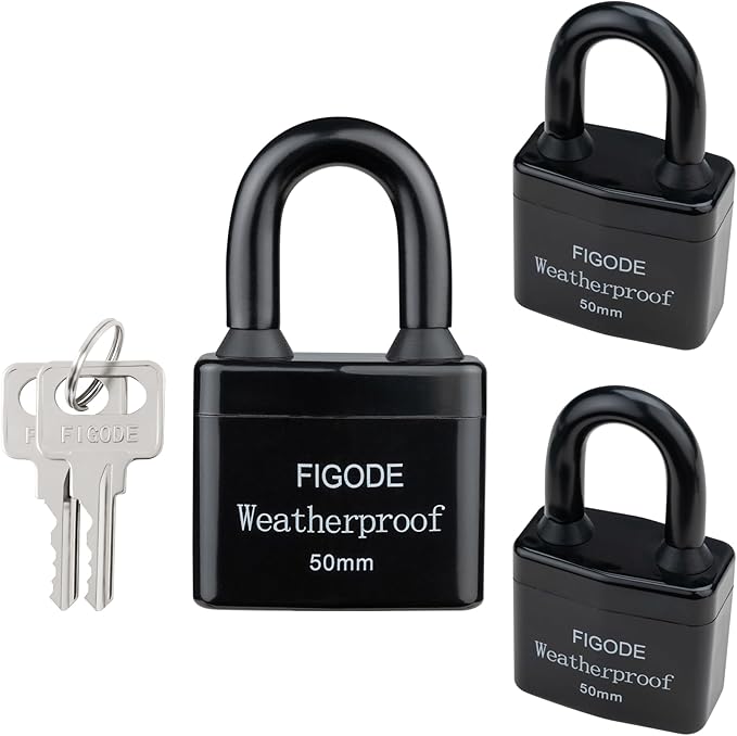 FIGODE® Outdoor Waterproof Padlocks, Covered Heavy Duty Laminated Steel Locks, Large Sturdy Locks, 2.2 in. Wide, 3 Locks Same Key, Standard Shackle