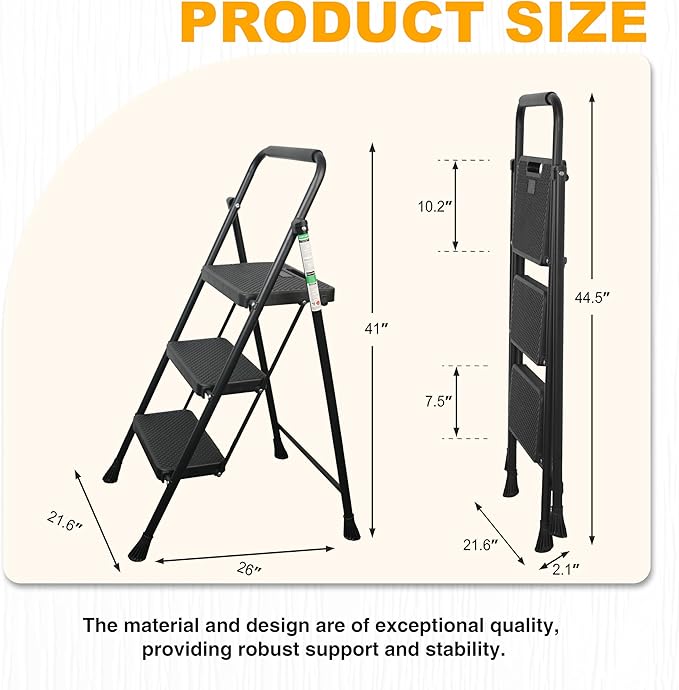 3 Step Ladder, Portable Steel Folding Step Stool with Wide Anti-Slip Pedal & Convenient Handgrip, 500lbs Sturdy Steel Ladder, Black