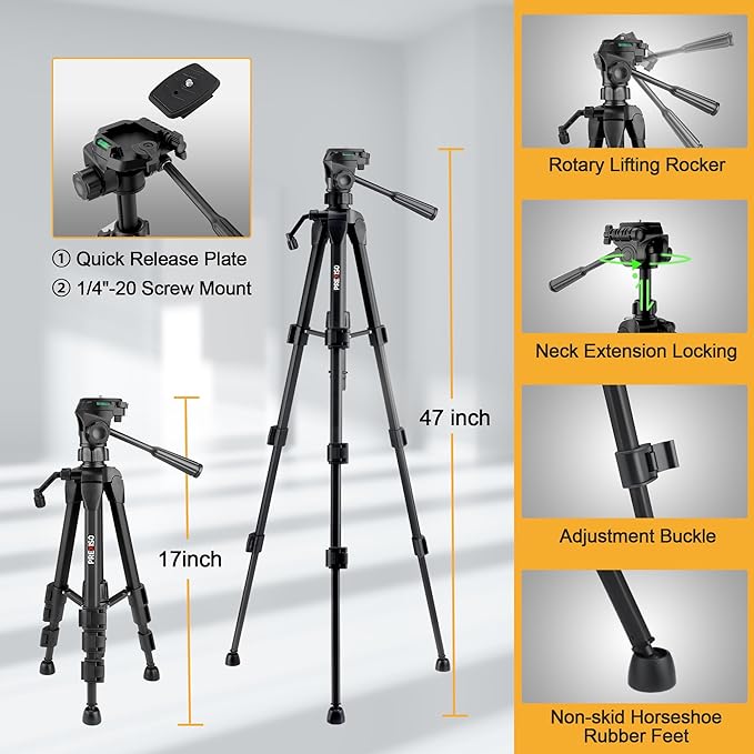 PREXISO Laser Level with 47 Inch Tripod, IP54 Rechargeable 65Ft Green Cross Line Laser Self Leveling, Light Indicator, 3 Brightness Mode, Lazer Leveler Tool for Picture Hanging, Tile, Home Renovation