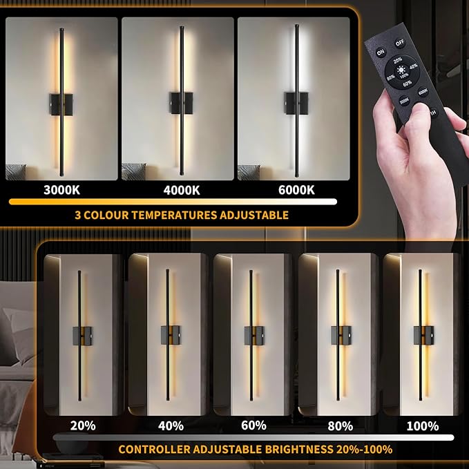 Wall Sconces Set of Two Battery Operated, Cordless Rechargeable Wall Sconces with Remote Control, Dimmable, 360°, 28 Inch, 3 Color, 3000K-6000K, Wall Light for Bedroom, Living Room, Hallway
