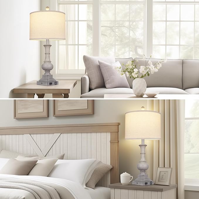 26" Farmhouse Lamp with 2 USB Ports & AC Outlet, Vintage Rustic Touch Control Bedside Lamp, Resin 3-Way Dimmable Nightstand Lamp Fabric Shade for Living Room Bedroom Decor Gray(LED Bulb Included)