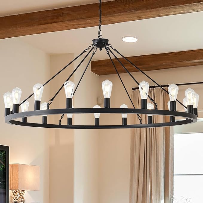 53” Black Large Wagon Wheel Chandelier,Vintage Rustic Farmhouse Chandeliers 18-Lights,Round Metal Industrial High Ceiling Pendant Light with Adjustable Height for Kitchen,Foyer,Porch,Living room