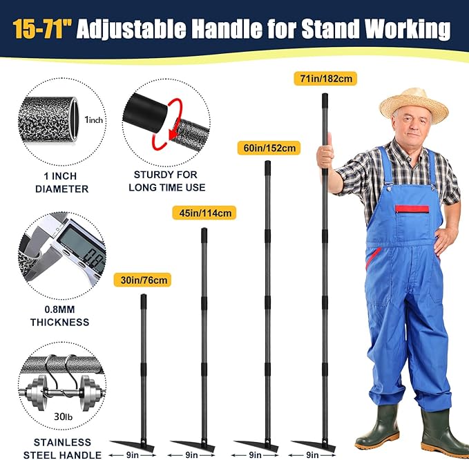 Professional Triangle Hoe with Detachable Shaft - Extra Wide 9.5" Sharpened Blade for Farm/Garden, 15"-71" Adjustable Stainless Steel Pole