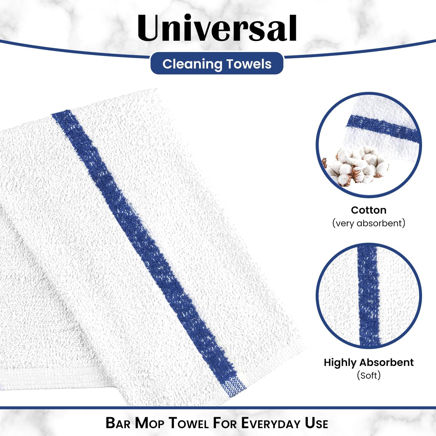Bar Mops Blue Stripe Pack of 60 Kitchen Towels 16x19 Multi-Purpose for Home, Restaurant and Cleaning White Absorbent Washcloth Dishcloths Sets, Reusable Dish, Cloths Rags