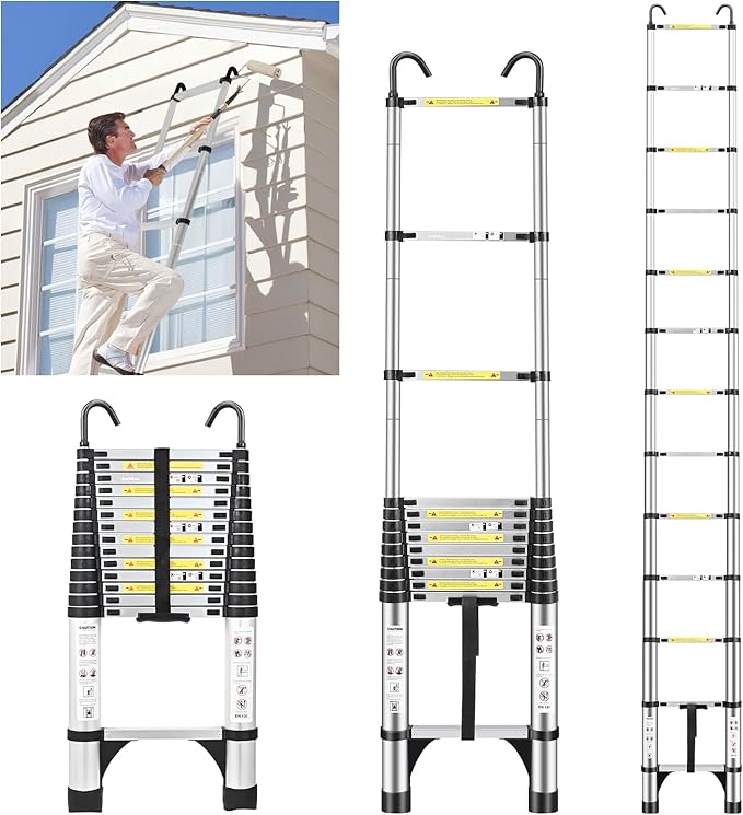 JADDUO 14.5 FT Telescopic Ladder, Aluminium Silver Telescoping Ladder with Non-Slip Feet and Stable Hook, Portable Extension Ladder for Household and Outdoor Working, Heavy Duty 330 lbs Max Capacity