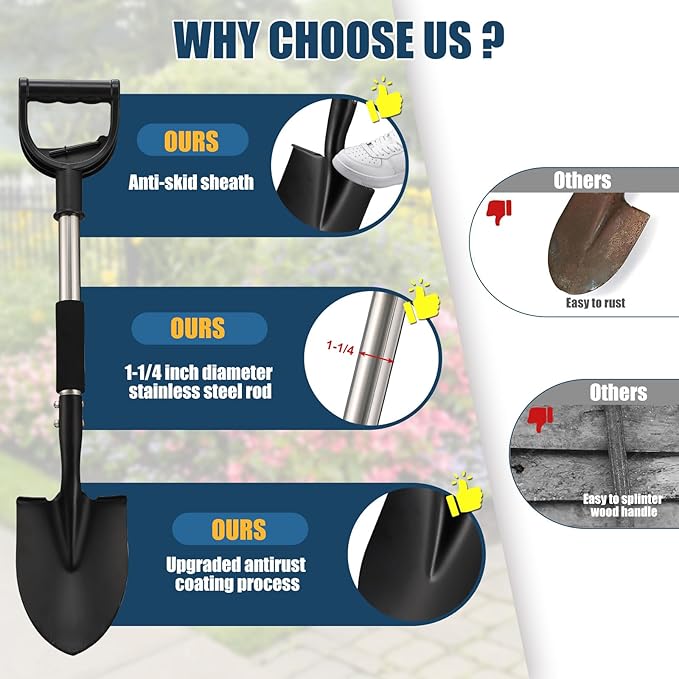 Multi-Task Small Shovel 31" - D-Handle Ergonomic Design for Raised Garden Beds, Outdoor Compact Spaces & Family Camping (Rustproof & Ultra-Light), Silver