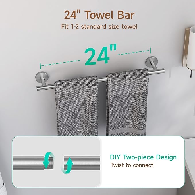 USHOWER Brushed Nickel Bathroom Hardware Set, Modern 24-Inch Towel Bar Set Wall Mounted, Durable SUS304 Stainless Steel Bathroom Accessories Set, 4-Piece