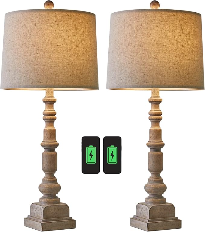 Oneach 27.75" Vintage Farmhouse USB Table Lamps Set of 2 for Living Room Bedroom Traditional Bedside Nightstand Lamp with Dual USB Port Resin Table Lamp with Rotary Switch for Living Room Bedroom