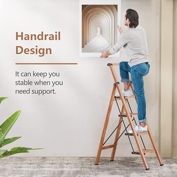 GameGem Folding Step Ladder, 4 Step Ladder with Anti-Slip and Wide Pedal, Lightweight Aluminum Step Stool with Handgrip, Space Saving Stepladder for Home and Kitchen, 300 lbs Capacity (Woodgrin