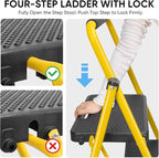 TICONN 4 Step Ladder, Heavy Duty Foldable Step Stool, Portable Steel Folding Stool for Household Garage Storage (Yellow)