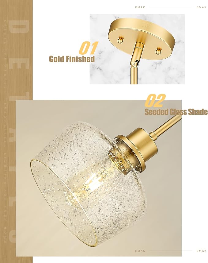 Emak 8 Inch Gold Pendant Light Fixtures, Modern Pendant Lights Kitchen Island with Seeded Glass Shade, 1 Light Hanging Light for Kitchen Island, Dining Room, Bathroom, Bedroom, PL122-GD