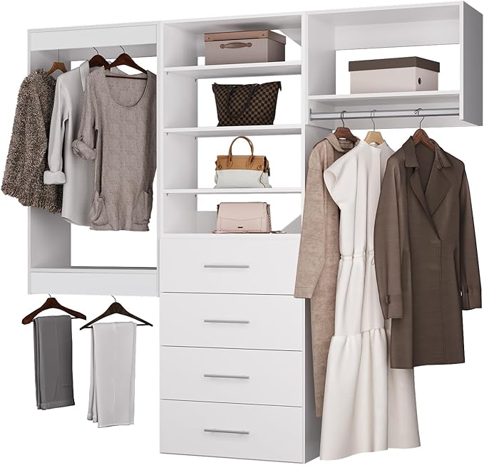 ROOMTEC Modular Closet System, 60" Wall Mounted Closet Organizer with Hanging Rods and Drawers, Modern Wooden Tower for Walk-In Closets, Wardrobe Storage Kit, White