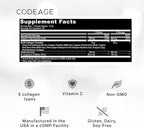 Codeage Multi Collagen Peptides Powder + Probiotics Black Edition, Vitamin C, Hyaluronic Acid Powder Supplement, Grass-Fed, Hydrolyzed, Zero Carbs, Type I, II, III, V & X, Unflavored, 10.58oz