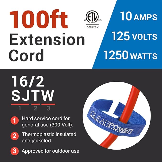 Clear Power 16 Gauge 3Prong Cords (16/2-2-Prong Polarized, Orange, 100 ft)