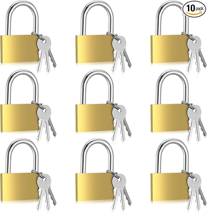 10pcs Solid Brass Keyed Padlock, Small Yellow Gym Lock, Strong Padlock with Same Key for Luggage Toolbox (50mm)