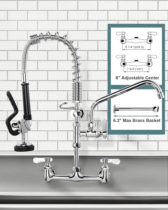 21" Height Commercial Faucet Wall Mount with Sprayer 8" Adjustable Center 9.6" Swing Spout, Kitchen Sink Faucets with Pull Down Pre-Rinse Sprayer for Restaurant Industrial Kitchen, Chrome