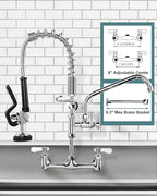 21" Height Commercial Faucet Wall Mount with Sprayer 8" Adjustable Center 9.6" Swing Spout, Kitchen Sink Faucets with Pull Down Pre-Rinse Sprayer for Restaurant Industrial Kitchen, Chrome