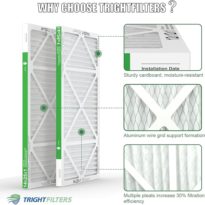 14x25x1 Air Filter 4 Pack, Durable MERV 8 Pleated Home HVAC AC Furnace Filters, Lightweight Compact Air Conditioner Filter Replacement