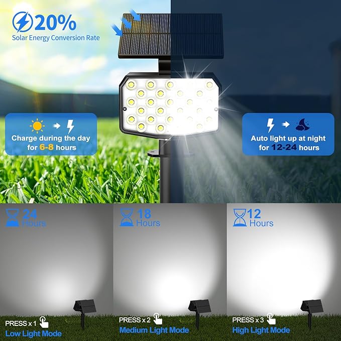 Solar Spot Lights Outdoor Waterproof Adjustable Solar Powered Landscape Lights for Yard 3 Long Time Lighting Modes Spotlights for Pathway Garden Outside Wall Pool Porch- 2 Pack, Cool White