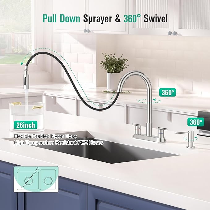 CREA 4 Holes Kitchen Faucets with Pull Down Sprayer and Soap Dispenser,Two Handles 8-Inch Bar Sink Faucet for RV Laundry Camper Utility Sink Brushed Nickel Stainless Steel