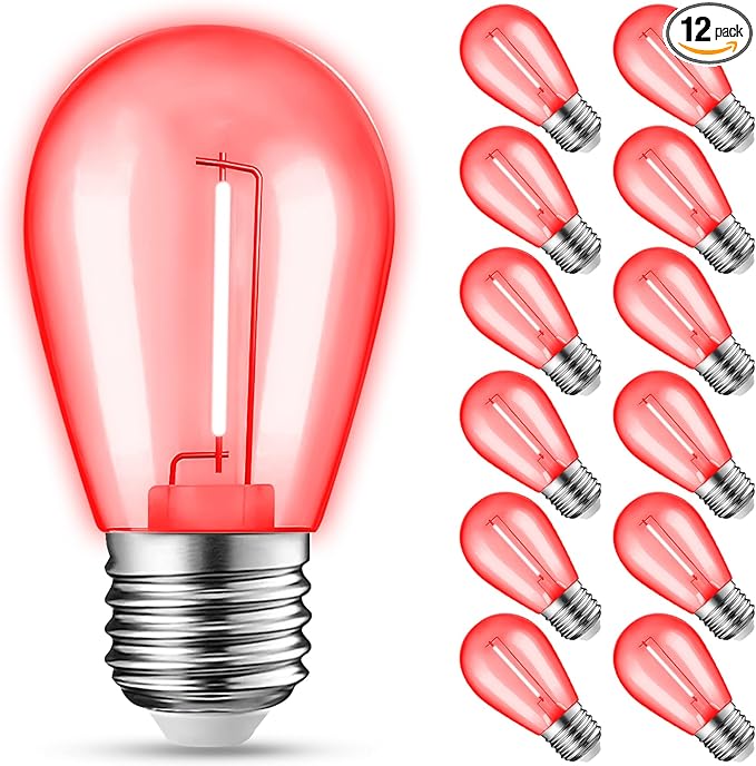 12-Pack Red String Light Bulbs, Patio String Light Replacement Bulbs for Outdoor Indoor, 1W E26 Base S14 LED Colored Light Bulbs for Christmas Halloween,Holiday,Home Decor