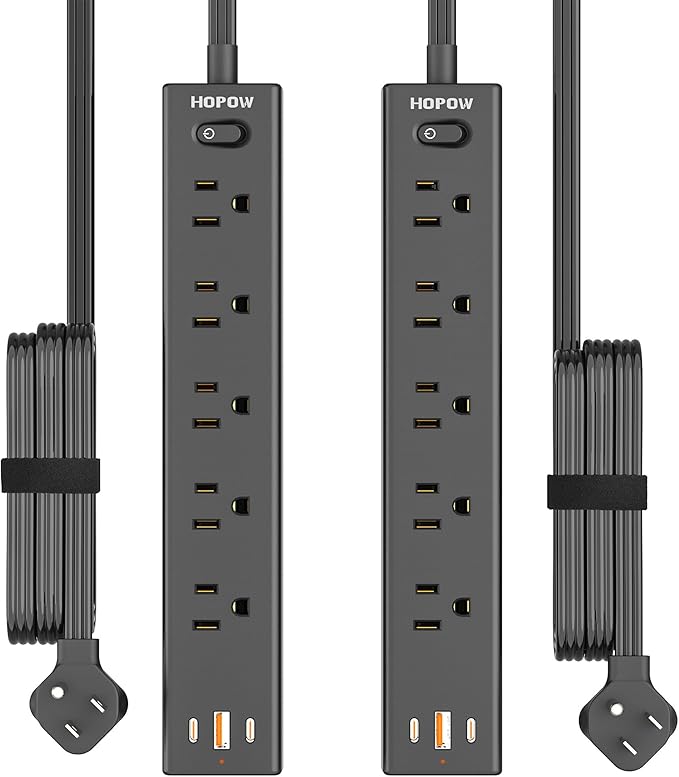 Power Strip Surge Protector, 2 Pack, 10 Ft Ultra Thin Flat Extension Cord, Surge Protector with 5 Outlets & 3 USB Ports (2 USB C), 1700 Joules, 3-Prong, Wall Mount for Home Office Dorm, Black