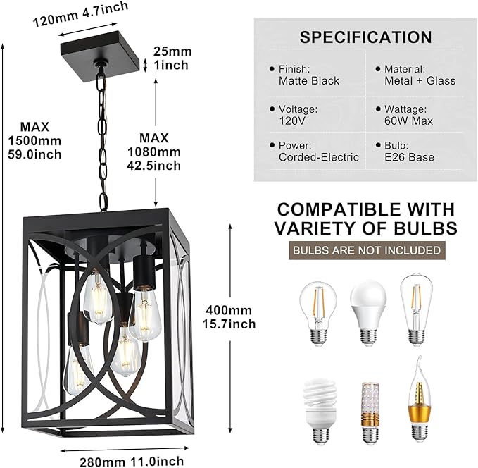 4-Lights Large Outdoor Pendant Lights, Black Hanging Porch Lighting Fixture with Clear Glass, E26 Bulb Base Exterior Lantern Chandelier Ceiling Mount for Front Door Patio Garden