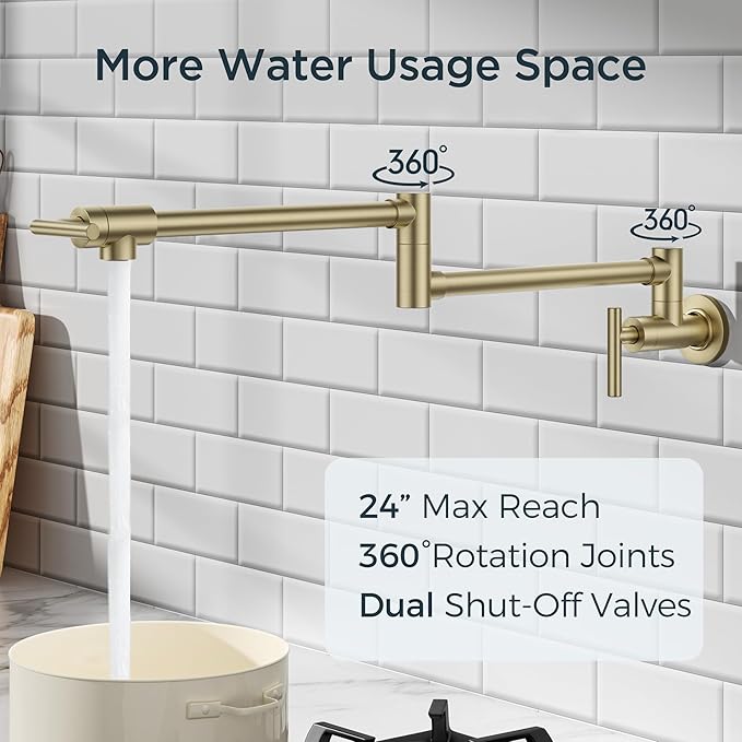 FORIOUS Gold Pot Filler Faucet Over Stove, Solid Brass Modern Wall Mount Commercial Folding Faucet with Stretchable Double Joint Swing Arms for Kitchen Restaurant