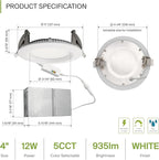 ASD LED Recessed Lighting 4 Inch, Round Commercial Downlight, Mini Panel with Baffle Trim, 4" 12W 120-277V CCT Selectable 2700/3000/3500/4000/5000K, Dimmable Ceiling Light Fixture, White, ETL